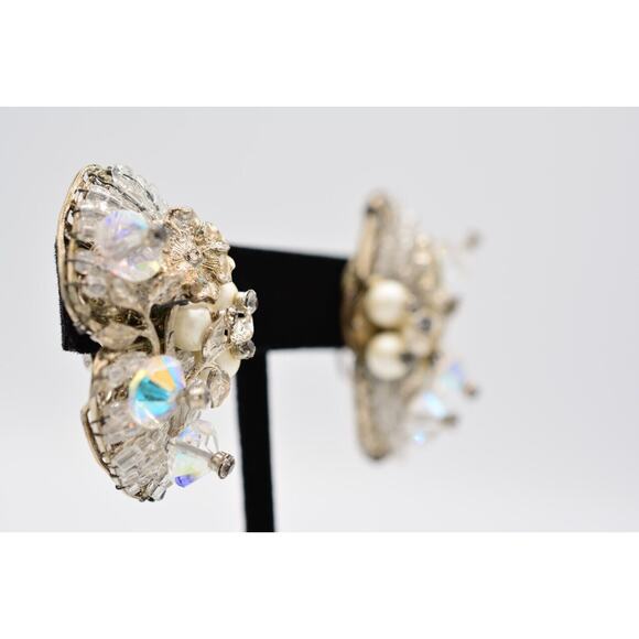 Vintage Clip Earrings Rhinestone Crystal AB Cluster Pearl Chunky 1980s BinAK - Picture 4 of 12